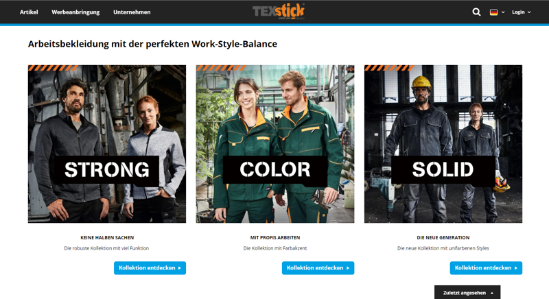 Webshop-Promotionseite Workwear James & Nicholson by TEXstick®